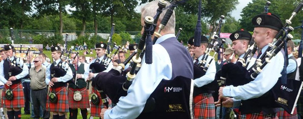 Pipe Major Richard Parkes MBE leads the FMM pipe corps at the All-Ireland Pipe Band Championships